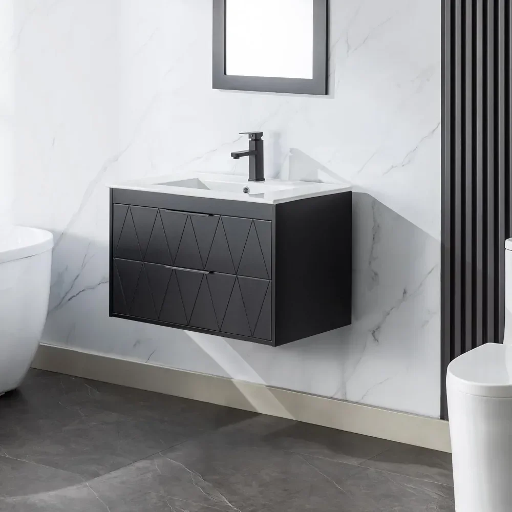 30"Bathroom Vanities Cabinet with Sink Combo, Wall Mounted Floating Cabient W/Decor Line, Soft-Close System, 2 Extra Big Drawers