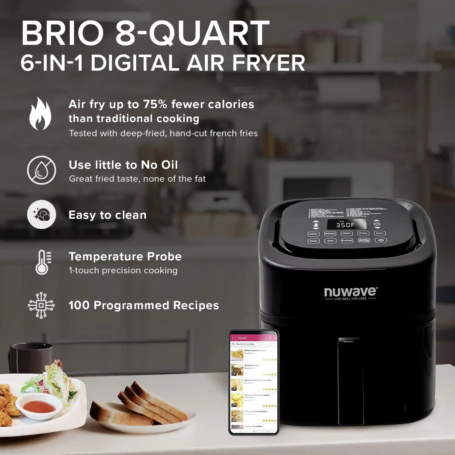 8-Qt Air Fryer, Powerful 1800W, Easy-to-Read Cool White Display, 50°-400°F  Temp Controls, 100 Pre-Programmed Presets & 50 - AliExpress