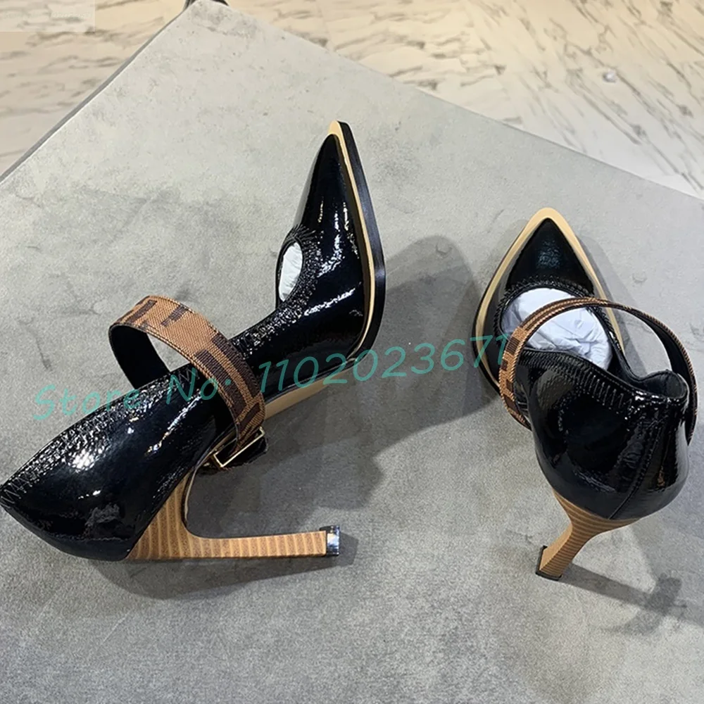 Striped Strap Wooden Heels Pumps Sexy Women Shiny Leather White High