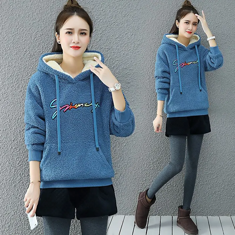 Lamb Wool Warm Hooded Sweater For Women 2023 Autumn/winter New Korean Version Lazy Style Loose Casual Sports Fashion Top