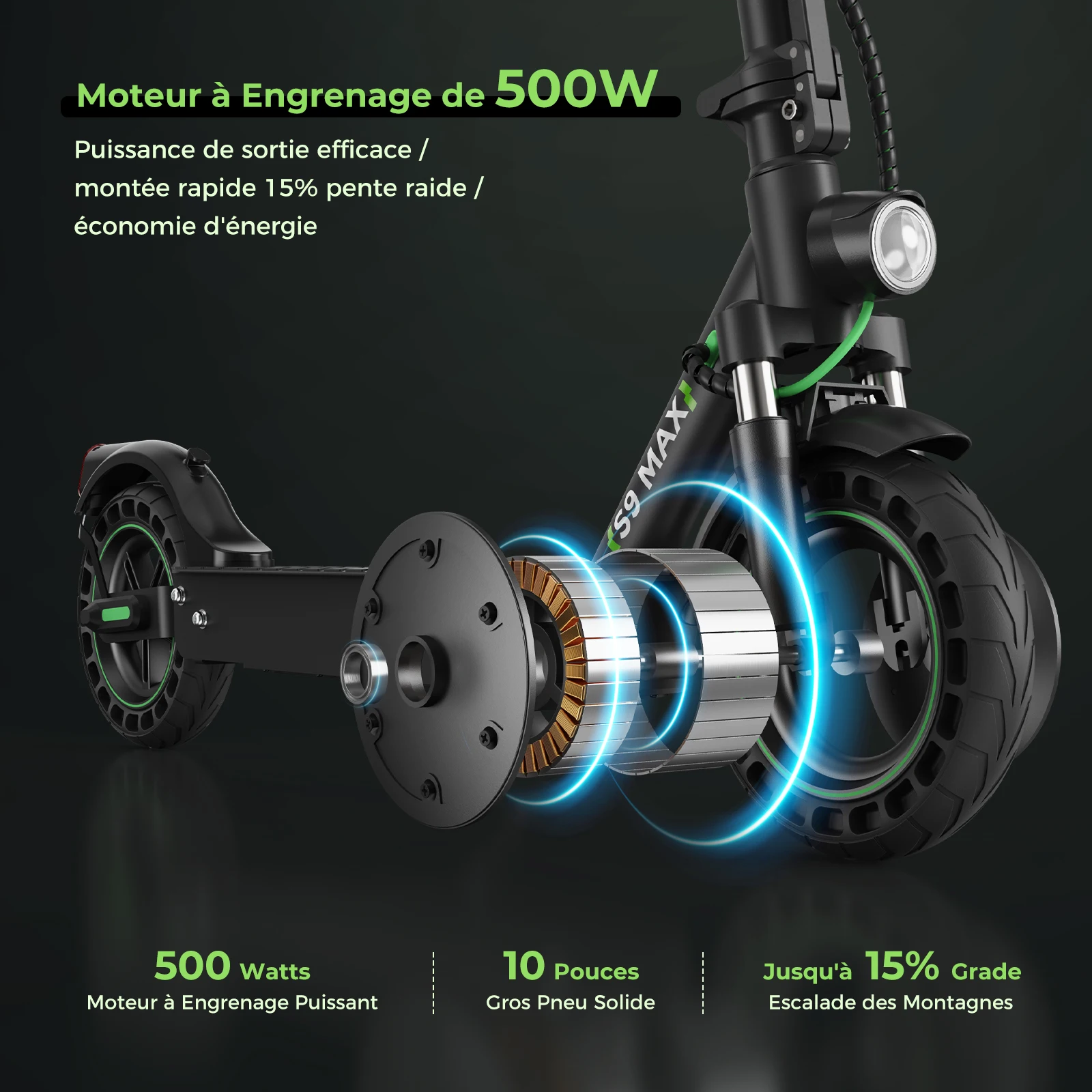 isinwheel S9MAX Trottinette électrique avec sac, pneus solides de 25,4 cm,  portée de 35 km et 32 km/h, moteur puissant de 500 W, trottinette électrique  pliable pour adultes, scooter électrique avec 