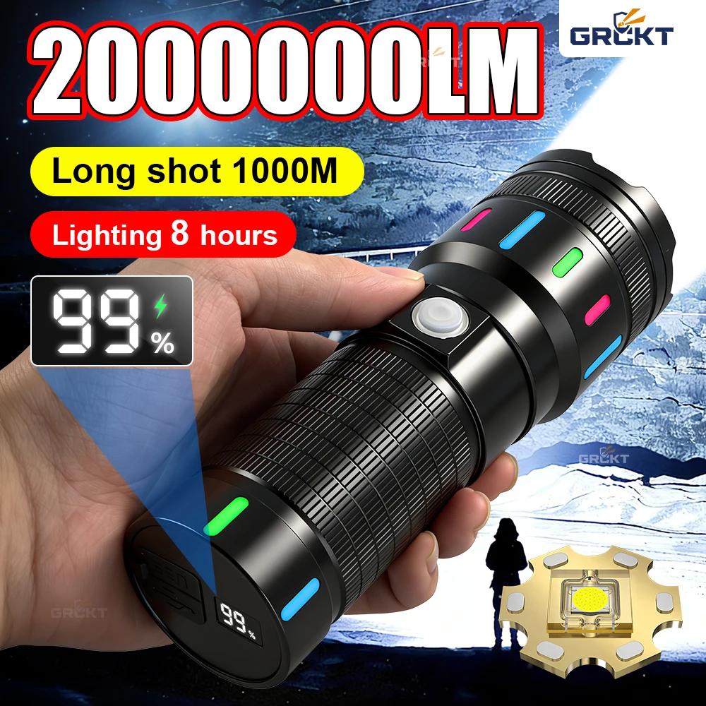 2000000LM High Power LED Flashlight Most Powerful USB Rechargeable Torch Waterproof Lantern for Hiking Outdoor 18650 Flashlights