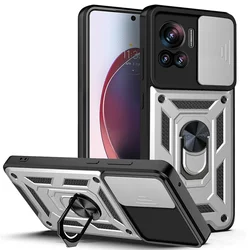 Protective Case with Push Window Lens Cover and Ring Bracket for Moto Edge S30 (Silver)