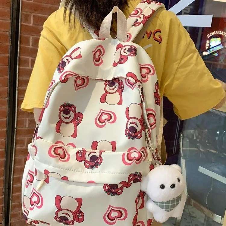 2024 New Strawberry Bear Backpack Middle and High School Student Schoolbag Large Capacity Fashion Casual Campus Schoolbag