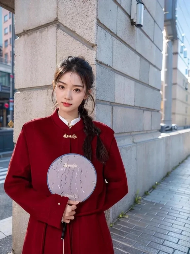 Autumn And Winter Retro Chinese Style New Chinese Style Standing Collar Woolen Coat Women's Medium Long Thick Woolen Coat