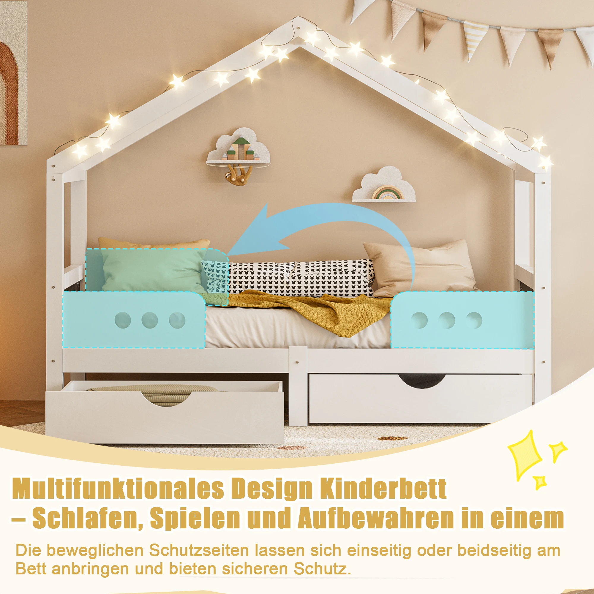 KOMHTOM Kinderbett mit Dachdesign, 2 Großen Schubladen, Stabilem Holz-MDF-Rahmen, UV-Lackierung Geruchsarm – Detail 3