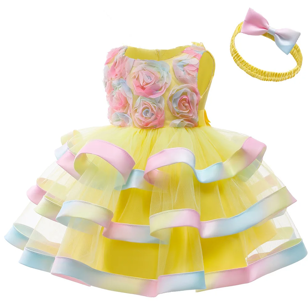 

Baby Girl Christening Dress Infant Baptism Yellow Tulle Party Formal Kids Elegant Princess Prom Dresses Fluffy Ball Gown Evening