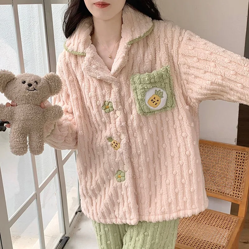 2023 New Pajama Women Autumn Winter Sleepwear Thickened Cute Flannel V-neck Homewear Princess Style Warm Loungewear Set