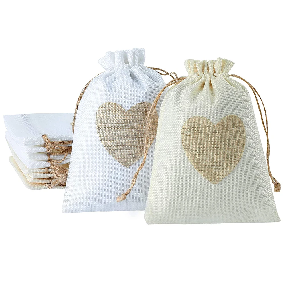 

10pcs Rectangle Burlap Packing Pouches with Heart Drawstring Bags for Party Wedding Birthdays Jewelry Gift Wrapping Pouches