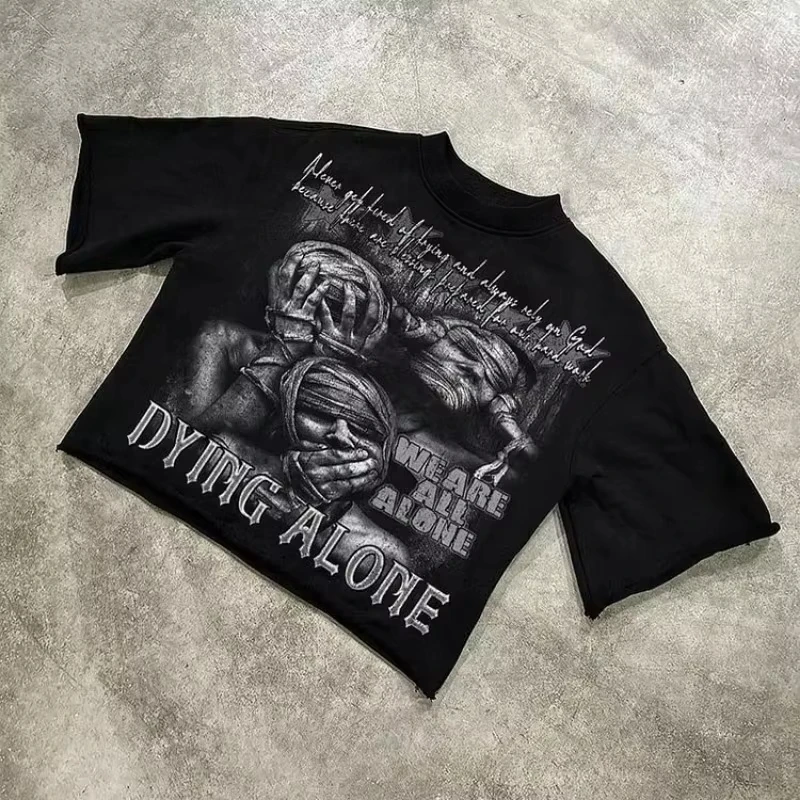 We Are All Alone Abstract Human Face Graphics Printed Cotton T-Shirt Men Y2K Short Sleeves Oversize  vintage t shirt view 2