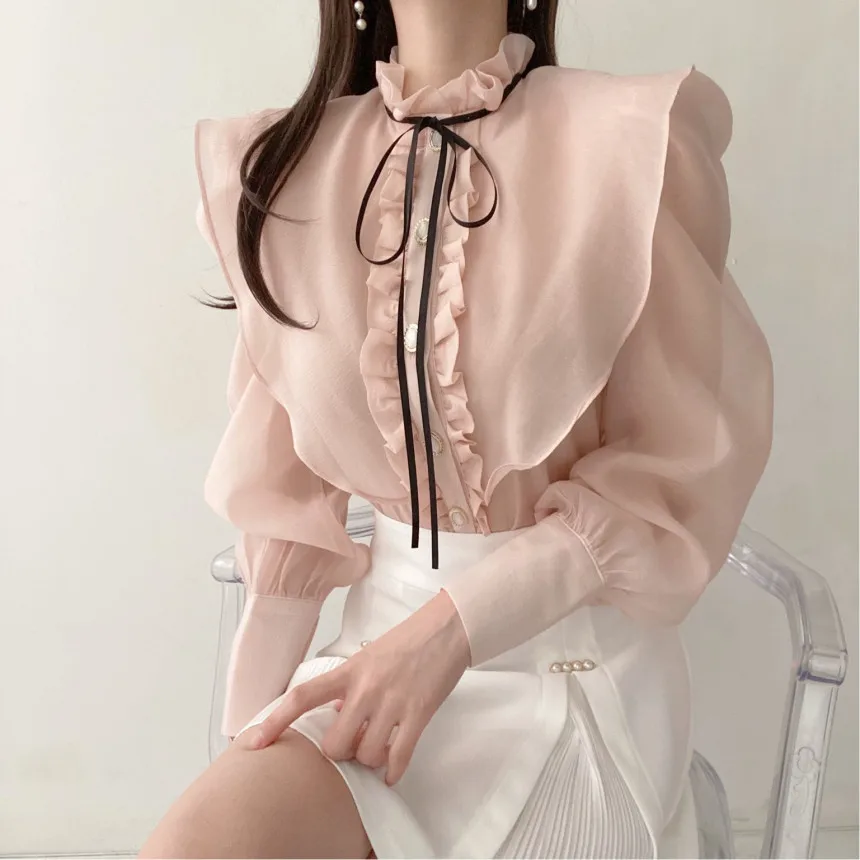 

2023 Brand New Stand Collar Long Sleeve Ruffles Bowtie Cute Blouse Elegant Office Lady Work Shirt Womens Tops Blusas Mujer