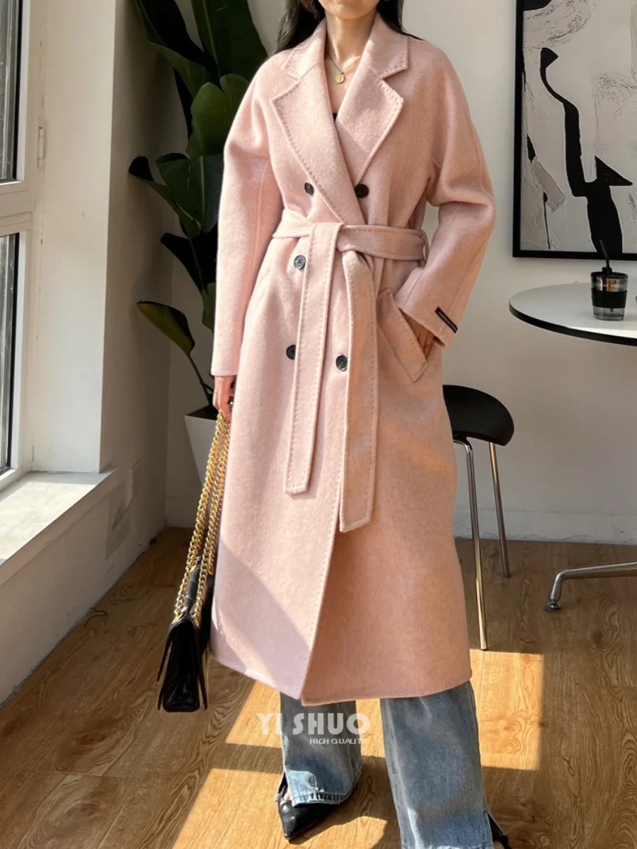 Autumn Winter New Casual Double-sided Wool Cashmere Coat Female Warm Loose Lapel Lace-up Long  Mid-length Woolen Coats Overcoat