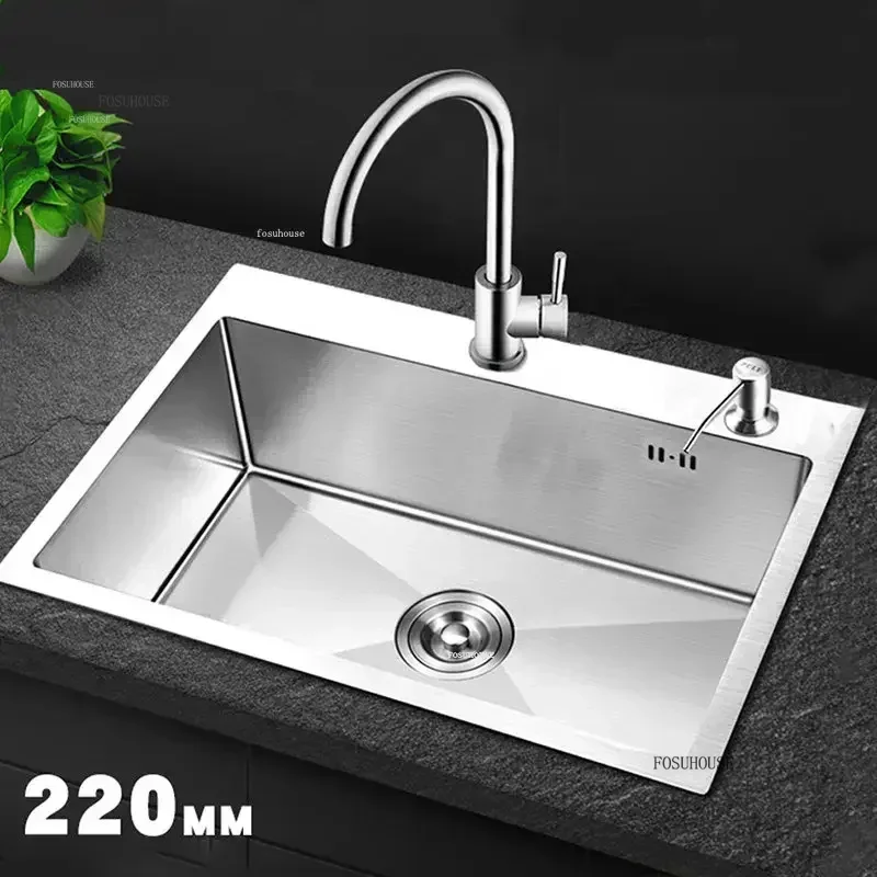 304 Stainless Steel Kitchen Sinks Single-slot Thickened Kitchen Accessories Wash Basin Built-in Countertop Lower Basin T