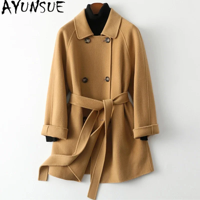 

100% AYUNSUE Wool Coats and Jackets Women 2024 Fall Winter Double-sided en Coat Korean Style Medium Jacket Abrigos