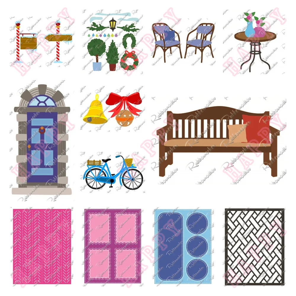 

Metal Cut Dies Bells Patio Chairs Table Bicycle Decoration For DIY Scrapbook Diary Album Paper Template Card Embossing Handcraft
