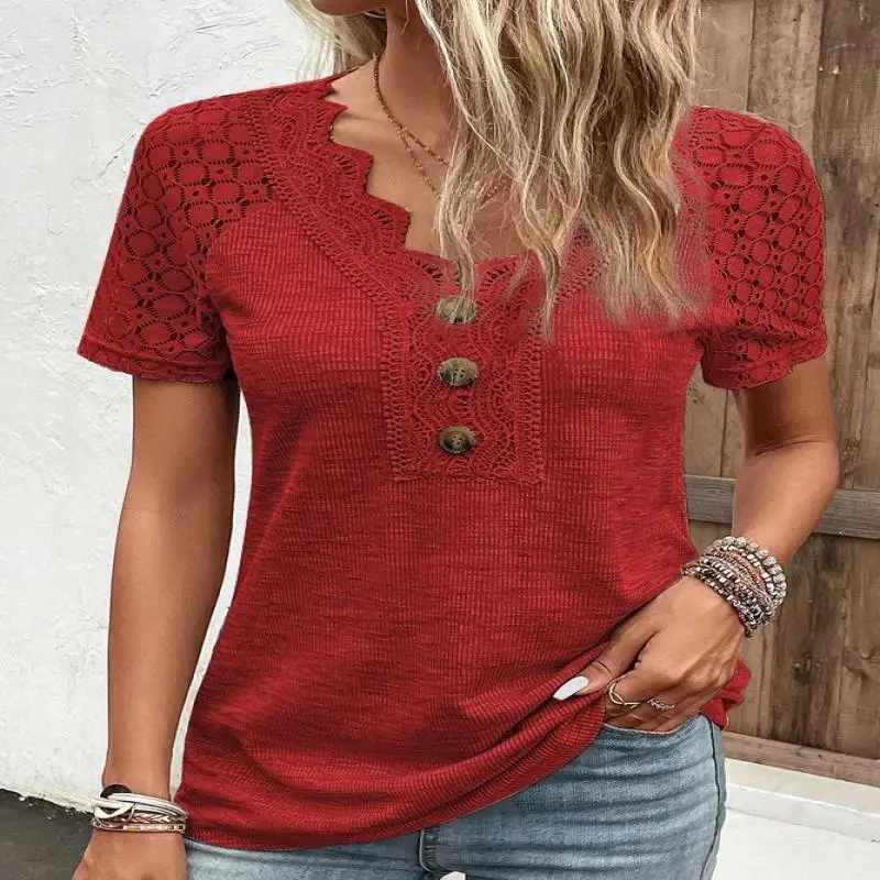 

Women's Plus Size Clothing Short Sleeve V-neck Stitching Lace Top