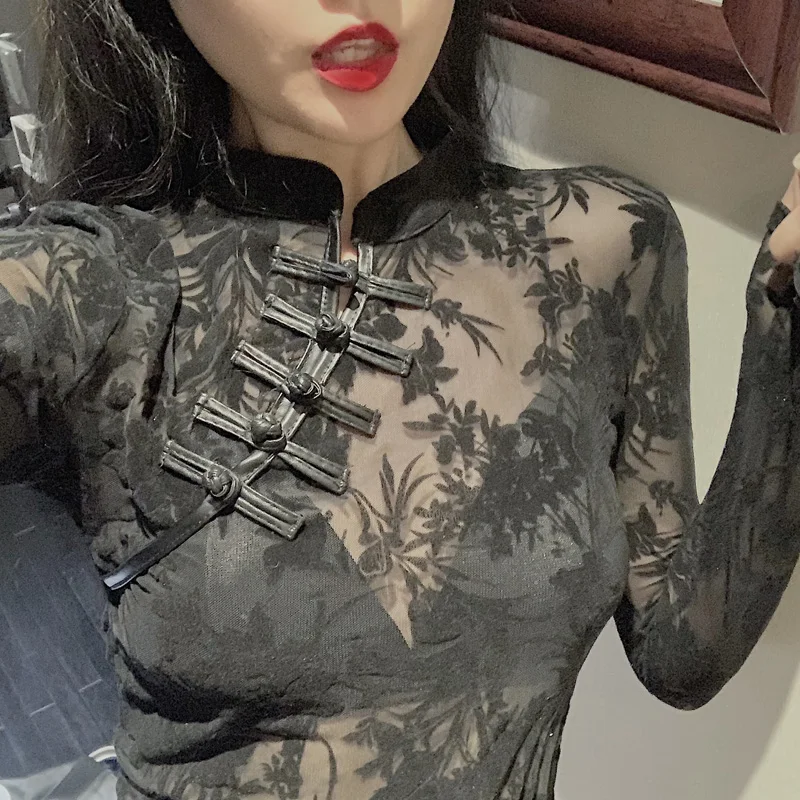 여성용 레이스 시스루 셔츠 및 블라우스, 긴팔 슬림 중국 터틀넥, 블랙 섹시 탑, Y2k 11350, 2024 패션