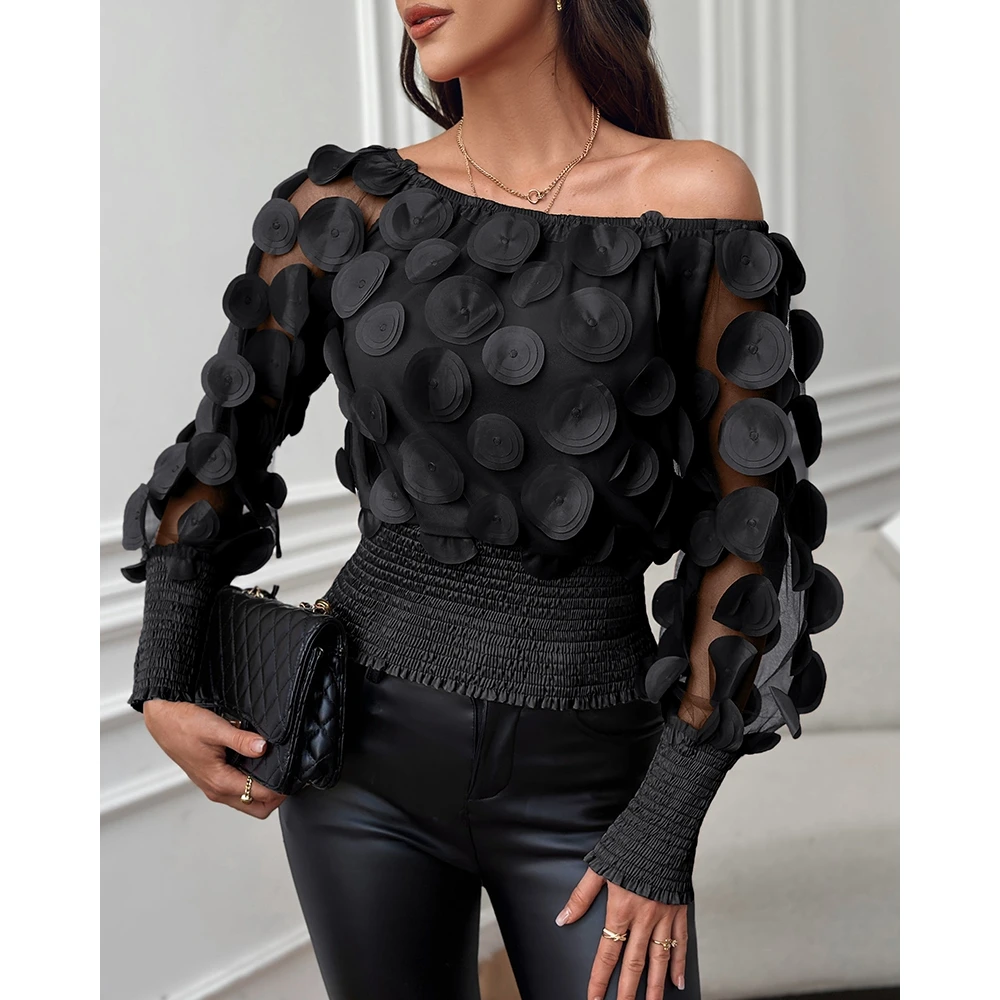 Women Spring Polka Dot Pattern Shirred Off The Shoulder Blouse T-Shirt Casual Sheer Mesh Gigot Sleeve Tee Top Sexy y2k Korean