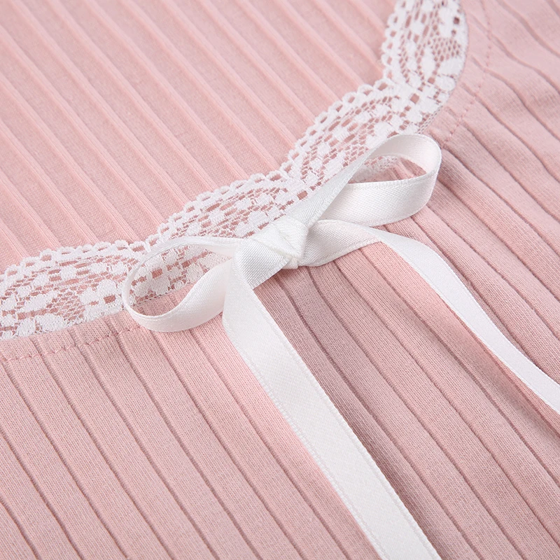 Japanese Kawaii Sweet Pink Knitted Ribbed Tee Contrast Lace Tie Bow Square Collar Long Sleeve Basic Spring Autumn T Shirt Women