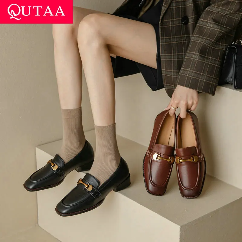 

Женские туфли-лодочки с квадратным носком QUTAA, черные офисные туфли из натуральной кожи на толстом низком каблуке, лоферы, размеры 34-43, для весны и лета, 2024