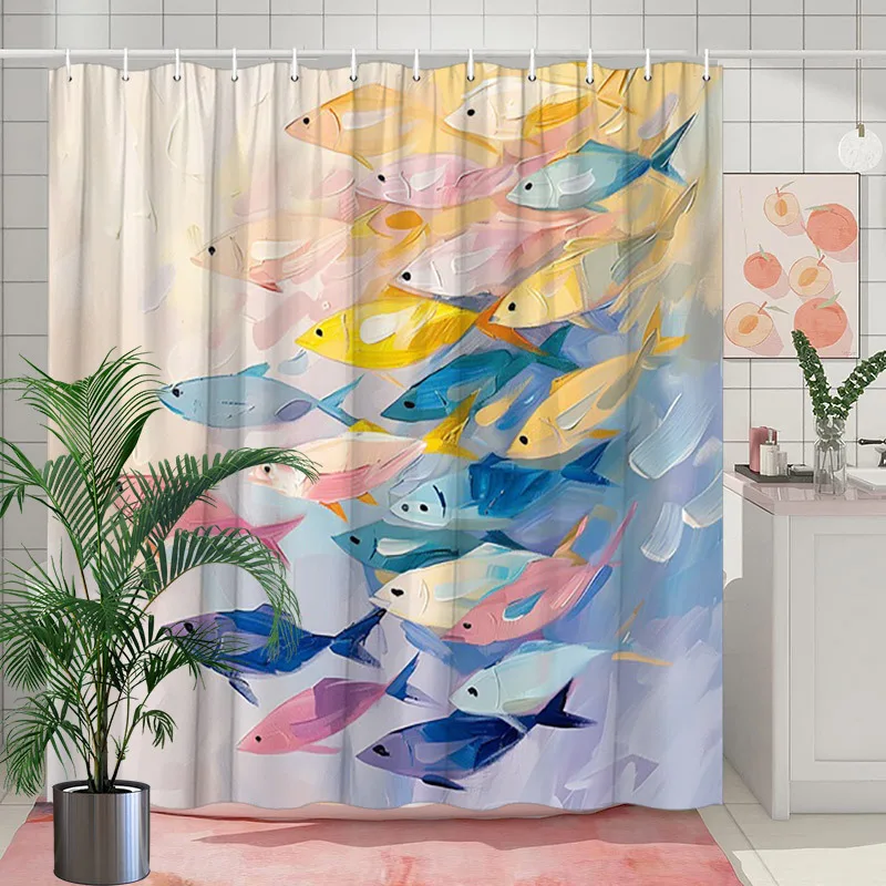 BECAN Rideau De Douche En Polyester Avec Motif Poisson Abstrait Imprimé Artistique Fond Blanc 183 X 183 Cm