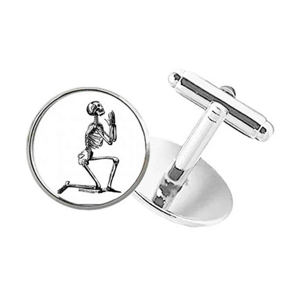 

Praying Human Skeleton Sketch Round Button Cuff Clip Stud Cufflinks