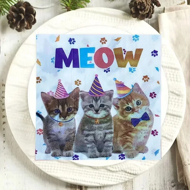Paper Napkins 20pcs 33*33cm 2-Ply New Three Cats Printed Paper Napkins Pet Kids Theme Party Napkins Decorative Paper Placemats