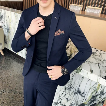 Set da uomo d'affari da sposa in tinta unita slim fit autunno inverno abito in due pezzi di alta qualità stile britannico pantaloni casual 1