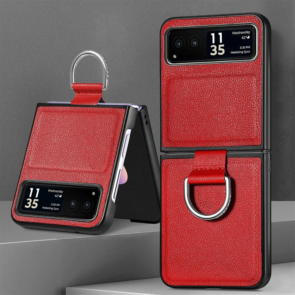 Elegant Lychee Pattern PU Leather Folding Phone Case with Ring