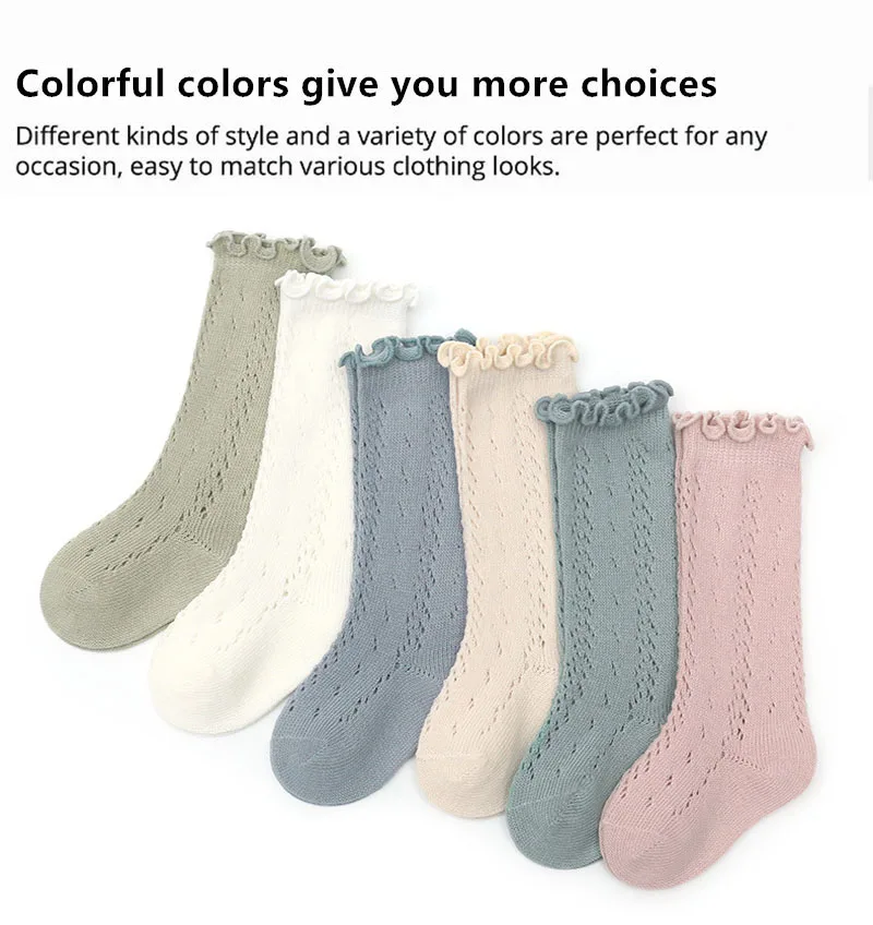 3 Paar Baby-Socken für Mädchen, Sommer, solide Spitze, kniehoch, Rüschen, für Säuglinge, Neugeborene, weiche Baumwolle, lange Netzsocken – Detail 4