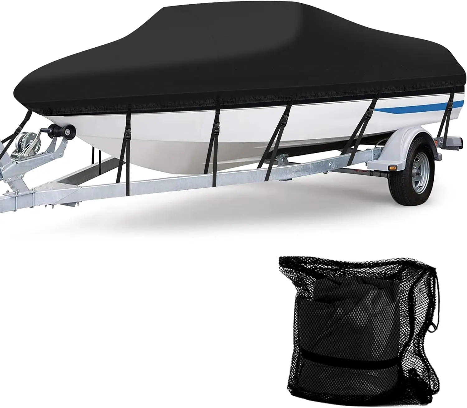 Heavy Duty 600D Marine Grade Polyester Waterproof Boat Cover, All Weather Protection Bass Runabout Boat Cover Fit for V-Hull,