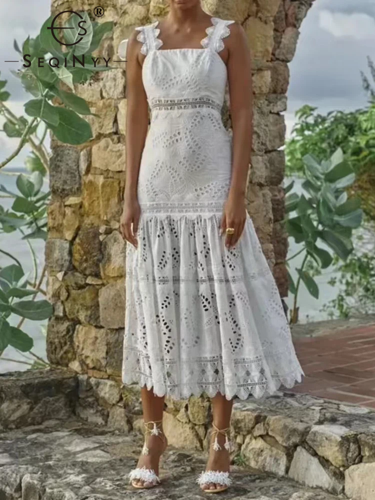 

Женское кружевное платье миди SEQINYY, элегантное подиумное ажурное облегающее платье без бретелек с цветочной вышивкой, лето-весна