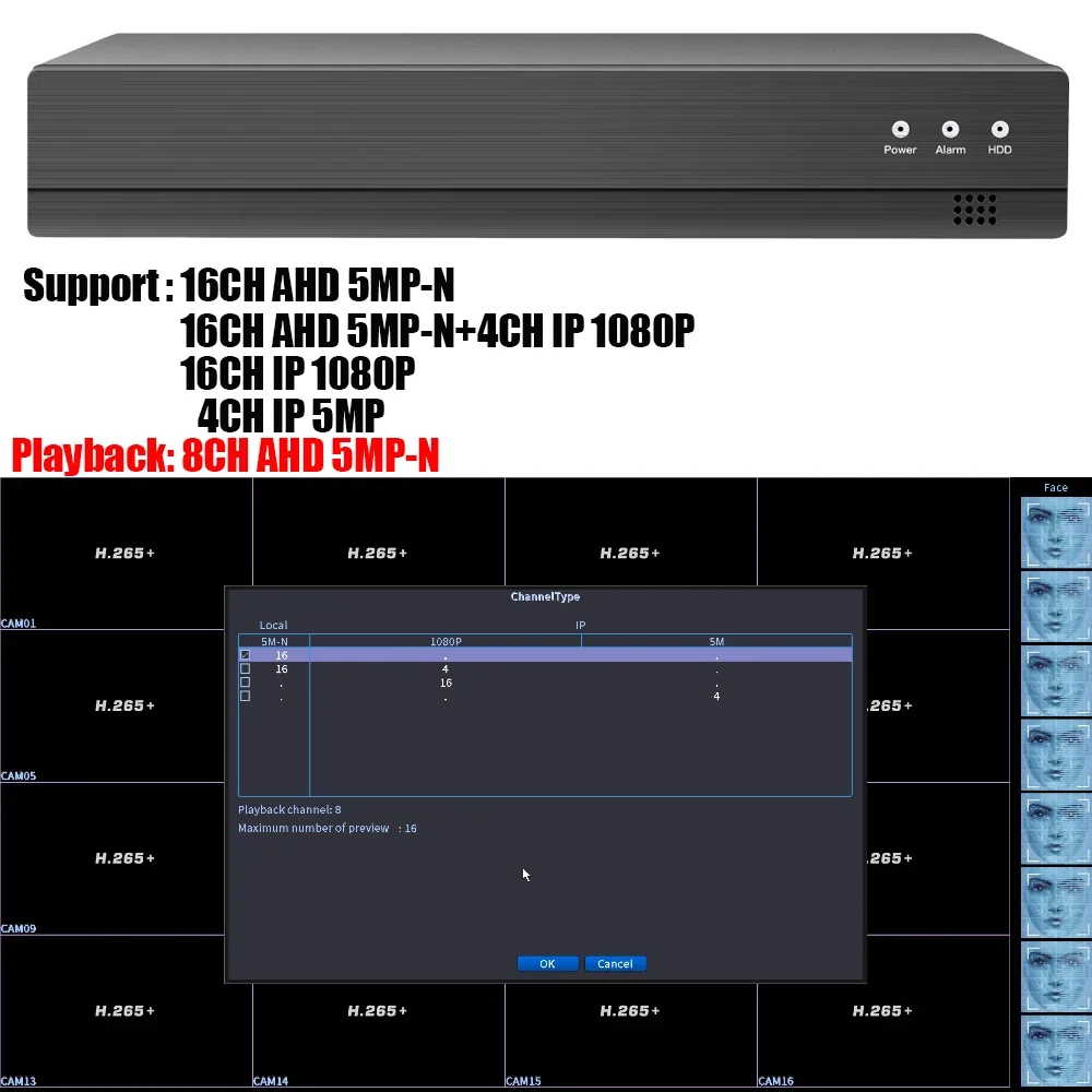 Network Video Recorder 16CH 8CH 4CH 5MP-N AHD DVR AI H.265 Hybrid 5 Megapixel NVR for 2MP 5MP AHD/TVI/CVI/XVI/IP Cameras