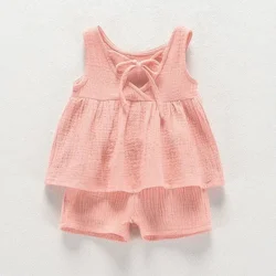 Summer Muslin Cotton Baby Girls Sleeveless Outfit Set - 2-Piece Vest Dress and Shorts in Fashionable Design - (XL) 3-4T (Pink)