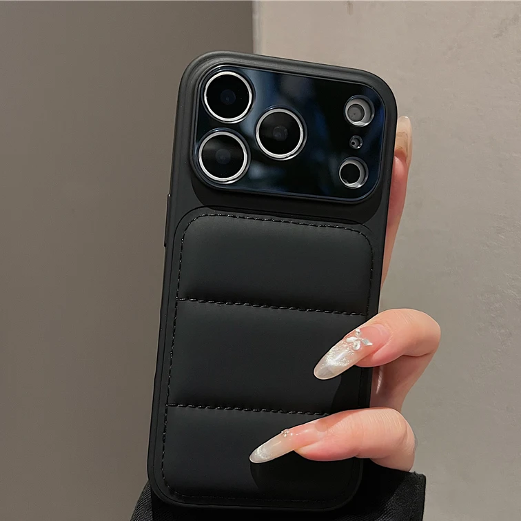 Luxury Down Jacket Phone Case with Shockproof Dual-Layer Armor and Large Window Cover