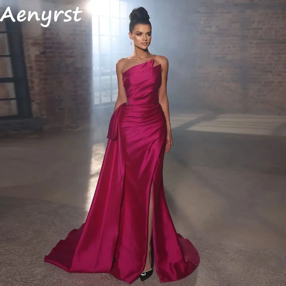

Aenyrst Elegant Mermaid Side Split Prom Dresses Satin Strapless Pleated Crystal Evening Gowns Floor Length Dinner Party Dress