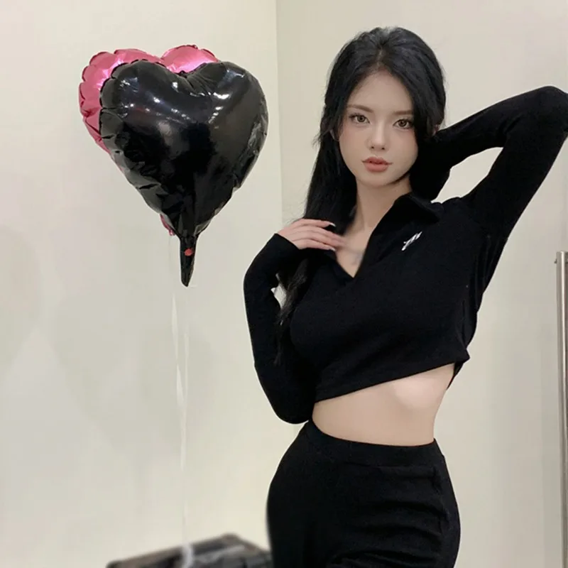 Women Long-Sleeved V-Neck Tops Knitted Sweater Solid Color Autumn Fashion Korean Style Y2K Clothing_voghion.com