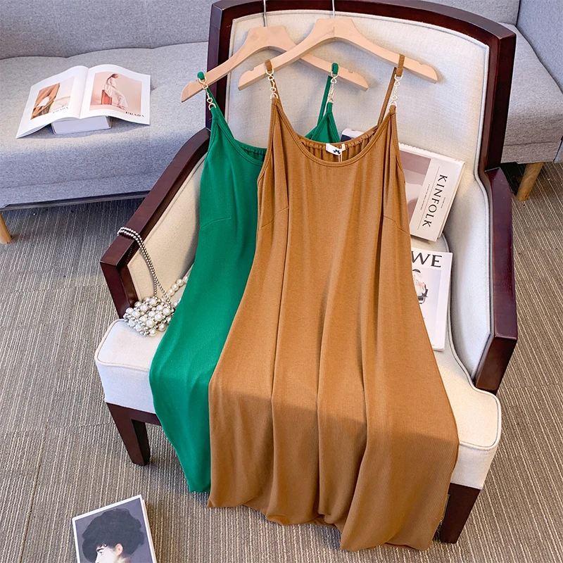 

Plus size women's summer casual strap dress solid color elastic pit fabric comfortable breathable travel skirt 2024 new model