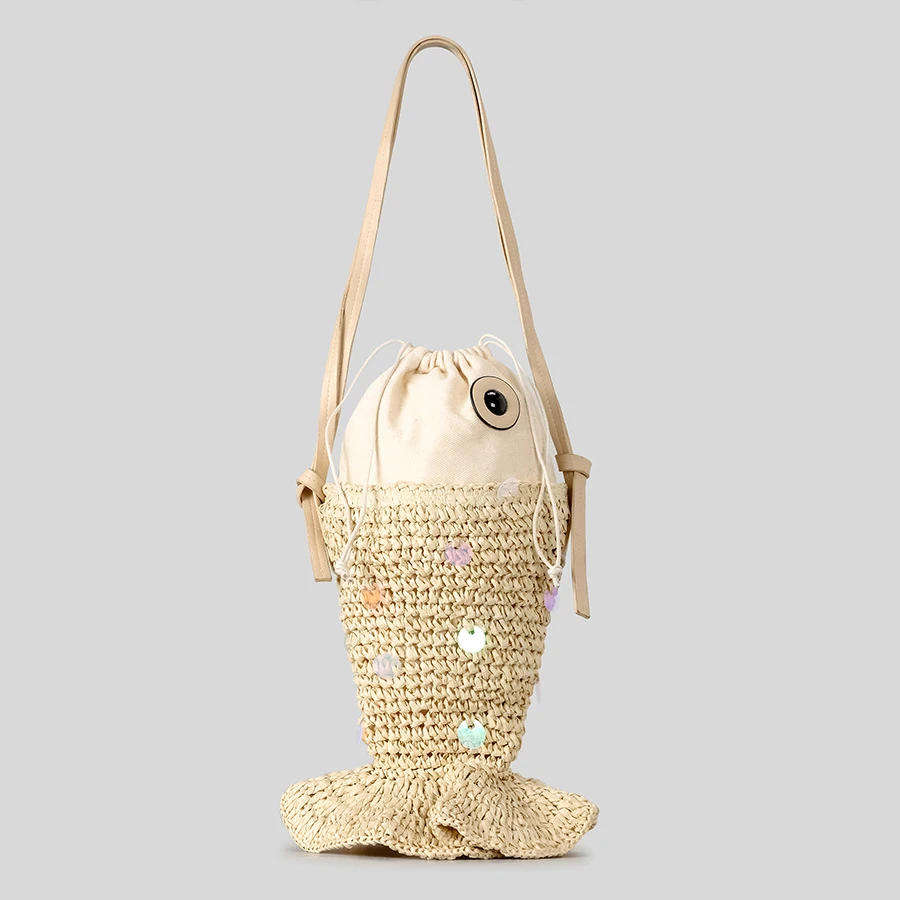 Crossbody Bag Creative Sequins Fish Shaped Straw Women Shoulder Bags Paper Woven Crossbody Bag Cute Summer Beach Bag Small Female Purses