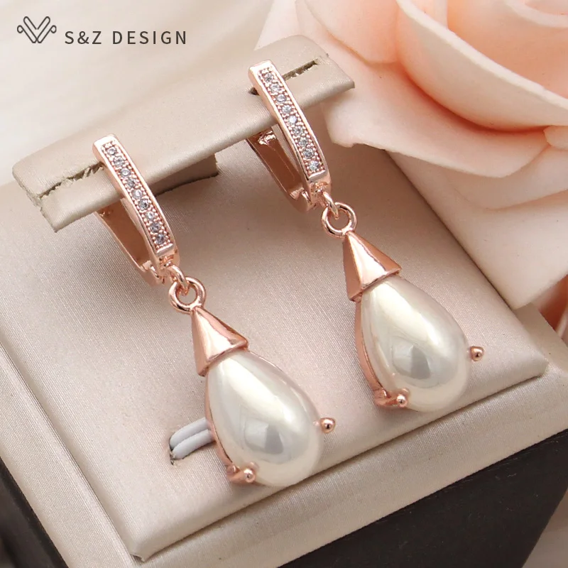 S&Z DESIGN New Fashion Vintage Water Drop Simulated-pearl Dangle Earrings For Women Wedding 585 Rose Gold Color Jewelry Gift