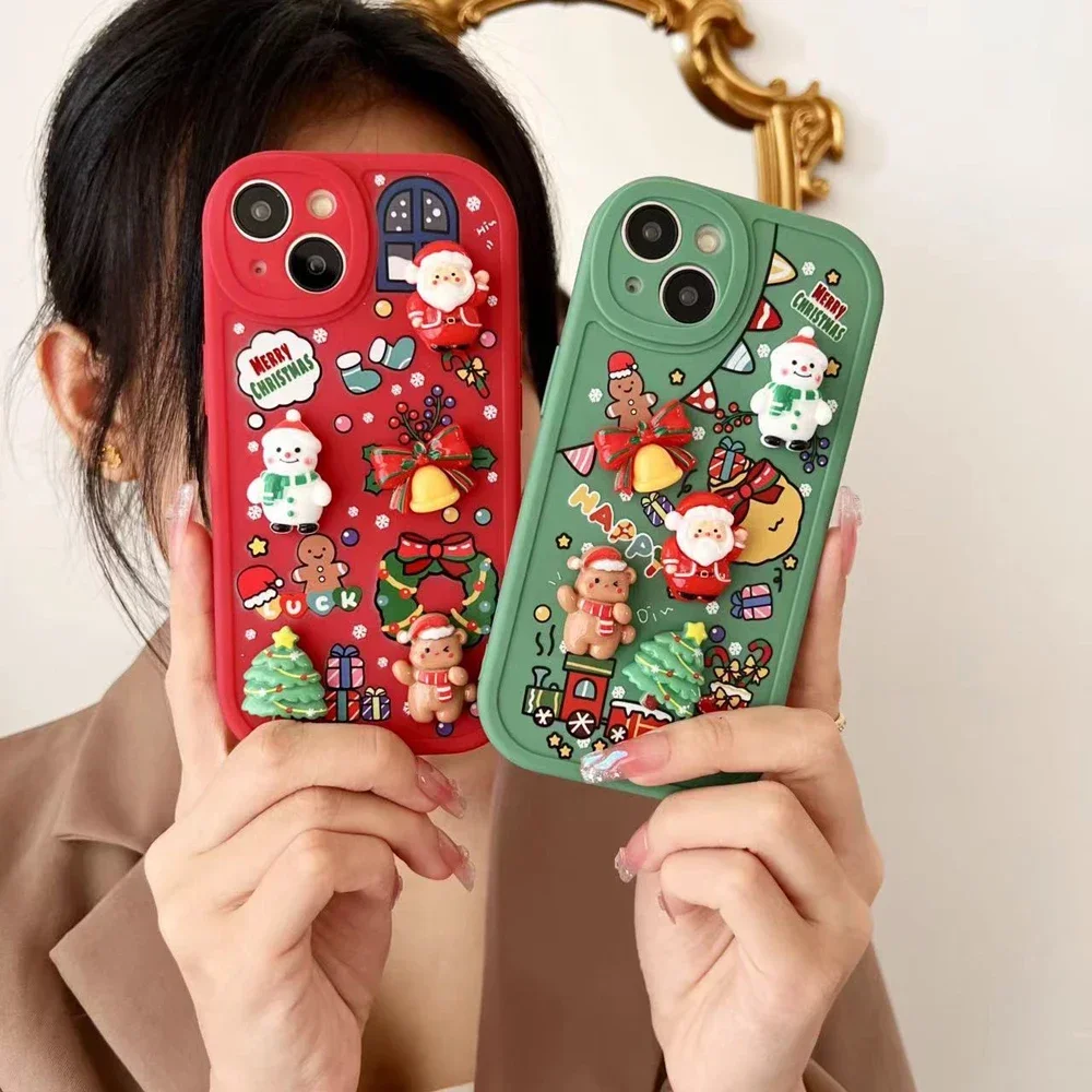

3D Cartoon Santa Claus Christmas Phone Case For iPhone 15 14 13 12 11 Pro Max X XR XS Max Elk Snowman Soft Silicone Back Cover