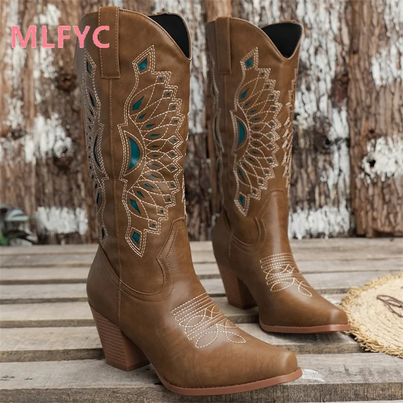 Western Cowboy Boots Embroidered Retro Long Boots Women's 2023 New Women's Thick Heel Mid Sleeve V-Neck Knight Boots
