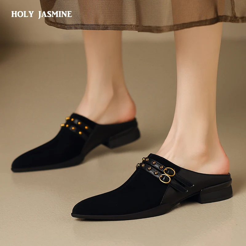 

Low Heels Sheep Suede Women Pumps Square Toe Genuine Leather Slippers Spring Summer Concise Casual Working Shoes Woman 2024 New