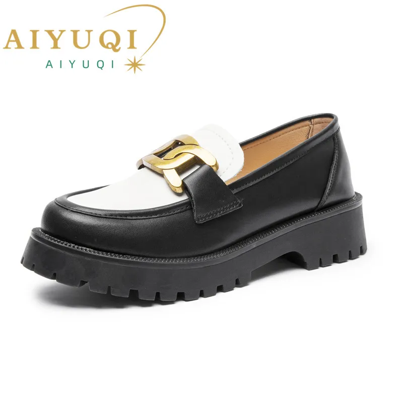 

Women Shoes Loafers Spring New Genuine Leather Thick Bottom British Style School Women Shoes Large Size Horsebit Shoes Ladies