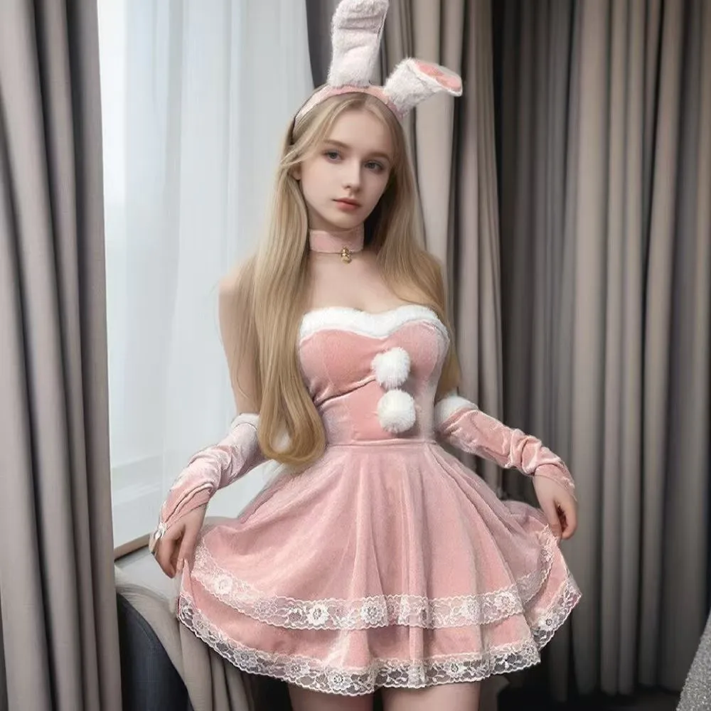 Christmas Red Woman Dress Sweet Bunny Girl Costume Rabbit Woman Set Bunny Suit Sexy Lingeries Lady Cosplay New Year Maid Uniform