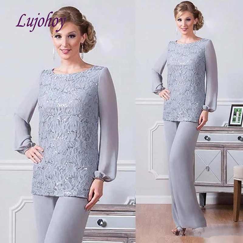 

Silver Long Sleeve Mother of the Bride Dresses Plus Size for Weddings Pant Suit Evening Formal Godmother Groom Dinner Gown