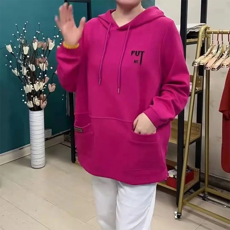 Autumn Winter Oversized Casual Fashion Embroidery Add Velvet Hoodies Female Loose All-match Top Women Thick Warm Hooded Pullover