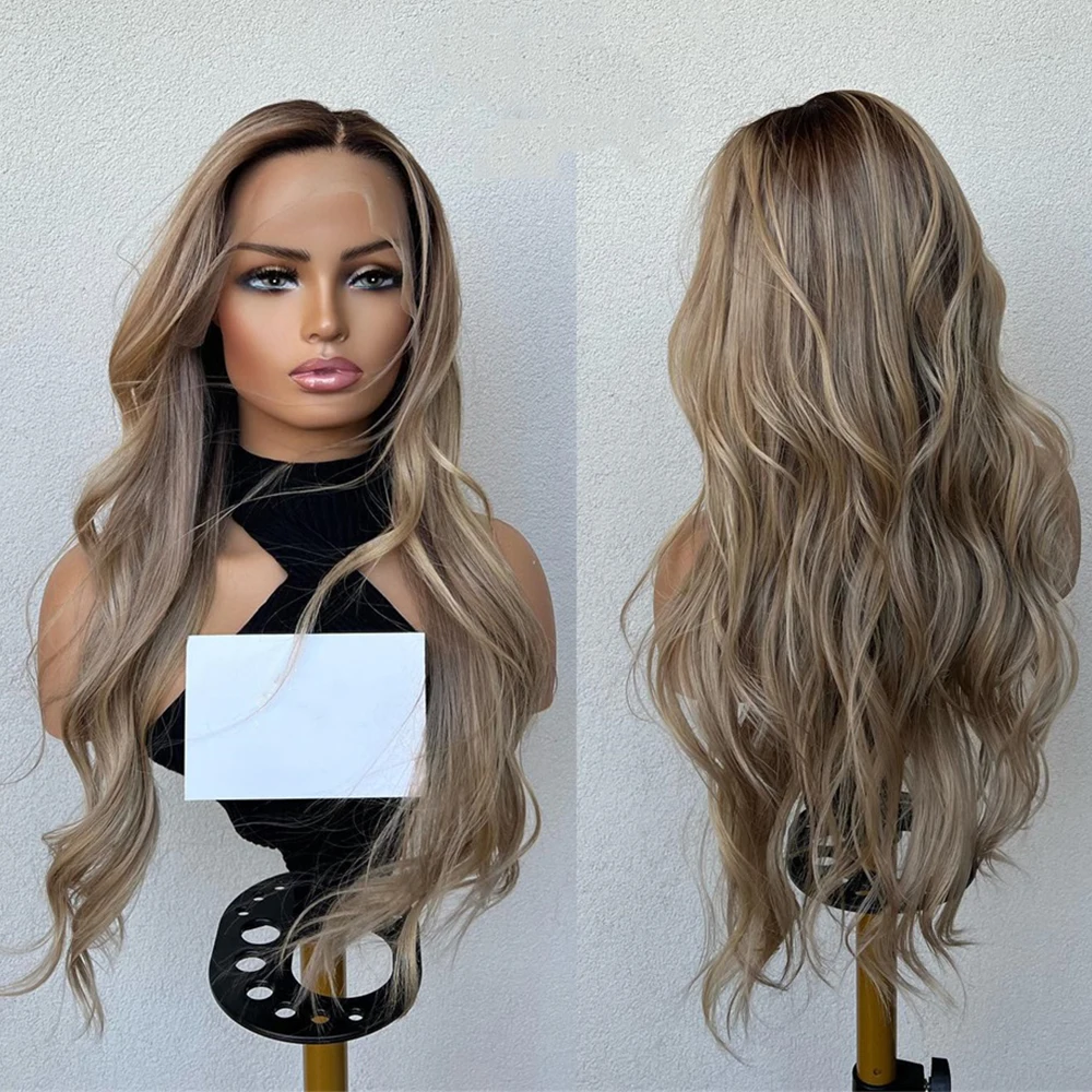 

Balayage Medium Blonde with Dark Brown Roots Full Lace Wigs Virgin Remy Human Hair HD Lace Wig 100% Glueless Ready to Wear 180%