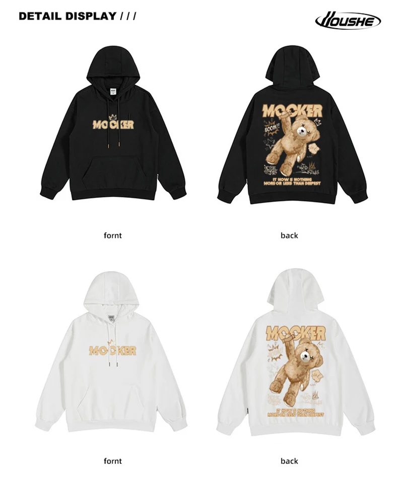 High Street Retro Bear Graphic Hooded Sweatshirts Mens Hip Hop Oversized Autumn Pullover Hoodies Casual Fashion y2k Clothes