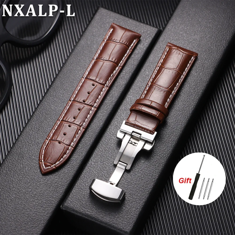 Elegant Genuine Leather Watch Band with Butterfly Buckle - Versatile and Stylish Bracelet
